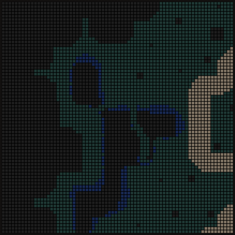 Grey World : le même extrait de carte, rendu en sol plat aux couleurs par défaut (praticable, bloquant, tirs, eau)